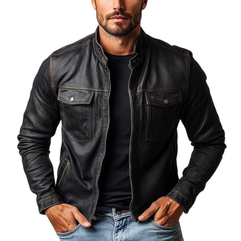 Men's Fashion Multi-Pocket Stand Collar Leather Jacket