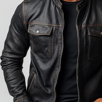 Men's Fashion Multi-Pocket Stand Collar Leather Jacket